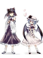 Rule 34 | 2girls, ascot, bat wings, black eyes, black hair, blue hair, bow, commentary request, crossed arms, detached sleeves, hair bow, hair tubes, hakurei reimu, hat, hat ribbon, heart, high heels, interlocked fingers, mob cap, multiple girls, red bow, red eyes, red ribbon, red skirt, remilia scarlet, ribbon, ribbon-trimmed skirt, ribbon-trimmed sleeves, ribbon trim, sidelocks, skirt, smile, socks, standing, touhou, vest, white legwear, wings, wrist cuffs, yuki (popopo)