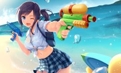 Rule 34 | &gt;;d, 1girl, ;d, aiming, aiming at viewer, artist request, backpack, bag, beach, black hair, blue bra, blue eyes, blue skirt, blue sky, bra, breast pocket, breasts, cloud, collarbone, collared shirt, cowboy shot, day, dress shirt, dual wielding, fang, finger on trigger, hand up, highres, holding, horizon, island, long hair, looking at viewer, medium breasts, meso-meso, midriff, miniskirt, navel, ocean, one eye closed, open mouth, original, outdoors, outstretched arm, plaid, plaid skirt, playing, pleated skirt, pocket, sand, school bag, see-through, shirt, side ponytail, skirt, sky, sleeves rolled up, smile, solo, sparkle, standing, stomach, sunlight, swept bangs, tied shirt, underwear, v-shaped eyebrows, water, water drop, water gun, wet, wet clothes, white shirt