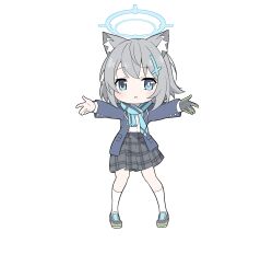 Rule 34 | 1girl, animal ear fluff, animal ears, blue archive, blue halo, cross, cross hair ornament, flat color, gloves, hair ornament, halo, highres, inverted cross, looking at viewer, masabodo, medium hair, mismatched pupils, multiple halos, open clothes, plaid, plaid skirt, scarf, shiroko (blue archive), shirt, shukusei!! loli-gami requiem, simple background, skirt, socks, white background, white shirt, white socks, wolf ears