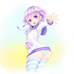 Rule 34 | 10s, 1girl, ass, blush, d-pad, from behind, gradient background, hair ornament, highres, hood, hoodie, looking at viewer, minazuki (jo), neptune (neptunia), neptune (series), open mouth, panties, pantyshot, print panties, purple eyes, purple hair, shiny clothes, shiny skin, short hair, smile, solo, striped clothes, striped thighhighs, thighhighs, underwear, white panties