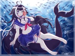 Rule 34 | 1girl, absurdres, ahoge, animal, animal ears, artist name, bikini, bikini under clothes, black hair, blue skirt, bodypaint, breasts, bubble, cetacean tail, cleavage, collar, crop top, facepaint, fangs, fins, fish, fish tail, frilled skirt, frills, heart, heart ahoge, highres, holding, holding animal, indie virtual youtuber, large breasts, legband, long hair, looking at viewer, midriff, multicolored hair, navel, ocean, one eye closed, orca girl, pleated skirt, purple eyes, sailor collar, see-through, see-through sleeves, shylily, shylily (1st costume), sidelocks, skirt, streaked hair, swimsuit, tail, takkikun, underwater, very long hair, virtual youtuber, white hair