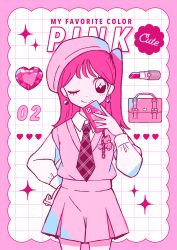 Rule 34 | 1girl, absurdres, beret, cellphone, closed mouth, collared shirt, cowboy shot, dangle earrings, diagonal-striped clothes, diagonal-striped necktie, dot nose, earrings, english text, framed, grid background, hand on own hip, hand up, happy (happi illust), hat, heart, heart earrings, highres, holding, holding phone, jewelry, long sleeves, looking at viewer, medium hair, necktie, one eye closed, one side up, original, outside border, phone, pink eyes, pink hair, pink theme, pleated skirt, shirt, skirt, smartphone, smile, solo, sparkle, striped clothes, sweater vest, white background