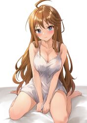 Rule 34 | 1girl, absurdres, ahoge, b1ack illust, bare legs, barefoot, bed sheet, blue eyes, blush, breasts, brown hair, cleavage, collarbone, dress, highres, idolmaster, idolmaster million live!, large breasts, long hair, looking at viewer, sitting, sleeveless, sleeveless dress, solo, toes, tokoro megumi, very long hair, wariza, white dress