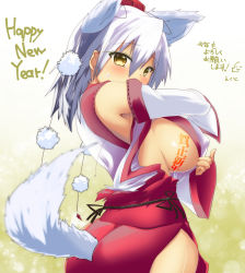 Rule 34 | 1girl, akure ekuto, animal ears, ass, breasts, commentary request, covered erect nipples, hair between eyes, hat, highres, inubashiri momiji, large breasts, long hair, looking at viewer, no bra, pom pom (clothes), sideboob, solo, tail, tokin hat, touhou, translation request, white hair, wide sleeves, wolf ears, wolf tail, yellow eyes