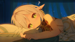 Rule 34 | 1girl, ?, bed, blanket, commentary request, dress, eyelashes, frown, genshin impact, gold trim, green eyes, green hair, hair between eyes, head on pillow, highres, hong yezi, indoors, light blush, looking at viewer, medium hair, multicolored hair, nahida (genshin impact), night, pillow, pointy ears, sleeveless, sleeveless dress, solo, star-shaped pupils, star (symbol), symbol-shaped pupils, two-tone hair, under covers, white dress, white hair