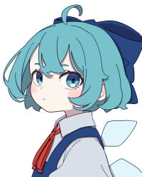 Rule 34 | 1girl, absurdres, ahoge, blue bow, blue dress, blue eyes, blue hair, bow, cirno, closed mouth, collared shirt, detached wings, dress, fairy, hair bow, highres, ice, ice wings, kame (kamepan44231), looking at viewer, shirt, short hair, short sleeves, simple background, solo, touhou, white background, white shirt, wings