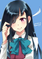 Rule 34 | 1girl, black hair, blue background, bow, bowtie, dated, dress shirt, hair over one eye, hair ribbon, halterneck, hayashimo (kancolle), head tilt, highres, holding, holding own hair, johssnny, kantai collection, long hair, red eyes, ribbon, school uniform, shirt, simple background, solo, twitter username, very long hair, white ribbon, white shirt