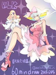 Rule 34 | 2girls, ariorihaberi, bare shoulders, blonde hair, boots, bow, breasts, completion time, cosplay, costume switch, eyepatch, harime nui, harime nui (cosplay), kill la kill, kiryuuin ragyou, kiryuuin ragyou (cosplay), large breasts, long hair, mature female, multicolored hair, multiple girls, pink bow, pink footwear, pink skirt, rainbow hair, short hair, skirt, smile