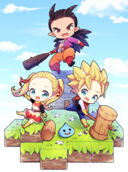 Rule 34 | 1girl, 2boys, :d, belt, black hair, blonde hair, blue eyes, chibi, cloud, club, club (weapon), debris, dragon quest, dragon quest builders 2, dress, female builder (dqb2), gloves, hair ribbon, hammer, highres, holding, holding hammer, holding weapon, jewelry, looking at viewer, male builder (dqb2), mameko minami, multicolored clothes, multiple boys, necklace, open mouth, pants, red eyes, ribbon, running, scarf, sidoh (dqb2), sitting, sky, slime (dragon quest), smile, spiked club, teeth, tooth necklace, twintails, upper teeth only, vest, weapon, yellow footwear, yellow gloves