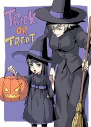 Rule 34 | 10s, 2girls, black hair, blue eyes, broom, cosom, eyebrows, halloween costume, holding hands, hat, jack-o&#039;-lantern, kill la kill, kiryuuin ragyou, kiryuuin satsuki, mother and daughter, multiple girls, thick eyebrows, trick or treat, witch, witch hat, aged down