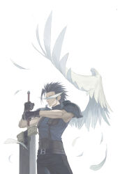 Rule 34 | 1boy, armor, arms up, belt, black belt, black hair, black pants, blue sweater, buster sword, commentary, covered eyes, dododo, english commentary, falling feathers, feathered wings, feathers, final fantasy, final fantasy vii, hair slicked back, highres, holding, holding sword, holding weapon, long hair, male focus, multiple belts, pants, pauldrons, planted, planted sword, planted weapon, shoulder armor, simple background, single wing, sleeveless, sleeveless sweater, sleeveless turtleneck, solo, spiked hair, suspenders, sweater, sword, turtleneck, turtleneck sweater, upper body, weapon, white background, white feathers, white wings, wings, zack fair