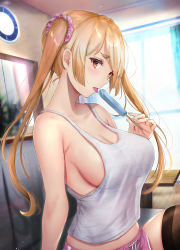 Rule 34 | 1girl, areola slip, arm up, bare shoulders, black thighhighs, blonde hair, breasts, cleavage, commentary request, couch, facing to the side, food, from side, gentsuki, grey tank top, highres, indoors, large breasts, long hair, looking at viewer, looking to the side, midriff, no bra, original, pink shorts, popsicle, red eyes, short eyebrows, short shorts, shorts, sidelocks, sleeveless, solo, table, tank top, thighhighs, tongue, tongue out, twintails