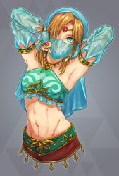 Rule 34 | 1boy, armpits, arms behind head, arms up, blonde hair, blue eyes, brown hair, crossdressing, detached sleeves, gerudo set (zelda), hair over one eye, highres, link, looking at viewer, male focus, midriff, mouth veil, navel, nintendo, official alternate costume, solo, the legend of zelda, the legend of zelda: breath of the wild, three (pixiv17689488), toned, toned male, trap, upper body, veil