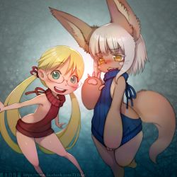 Rule 34 | 2girls, animal ears, blonde hair, blush, child, furry, glasses, green eyes, made in abyss, meme attire, multiple girls, nanachi (made in abyss), open mouth, riko (made in abyss), tail, virgin killer sweater, whiskers, white hair, yellow eyes, zhaoyebai
