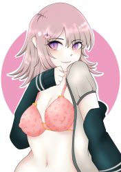Rule 34 | 1girl, blush, bra, breasts, cherry print, cleavage, danganronpa (series), danganronpa 2: goodbye despair, ears, eyelashes, female focus, food print, galaga, gradient eyes, hand on own chest, hand up, heart, heart print, highres, jacket, looking at viewer, medium breasts, multicolored eyes, nanami chiaki, navel, nipples through clothes, nipples visible through clothes, open clothes, open shirt, partially undressed, pink background, pink bra, pink eyes, pink hair, print bra, purple eyes, removing jacket, removing shirt, simple background, smile, solo, striped clothes, striped jacket, taking off, tronsnothere, underwear, upper body, white background