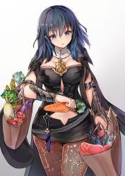 Rule 34 | 1girl, asparagus, bag, black pantyhose, blue eyes, blue hair, breasts, brown pantyhose, byleth (female) (fire emblem), byleth (fire emblem), cape, carrot, cleavage, cleavage cutout, clothing cutout, cowboy shot, daikon, eggplant, fire emblem, fire emblem: three houses, fish, food, gauntlets, groceries, hair between eyes, handbag, jewelry, lace, lace-trimmed legwear, lace trim, meat, medium breasts, medium hair, midriff peek, miniskirt, nintendo, pantyhose, pantyhose under shorts, parted lips, pendant, radish, se-u-ra, short shorts, shorts, simple background, skirt, solo, squid, tomato, white background