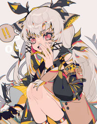 Rule 34 | !, !!, 1girl, absurdres, arknights, black jacket, black ribbon, commentary, feet out of frame, grey background, grey hair, grey nails, hair ribbon, hand up, highres, jacket, long hair, long sleeves, nail polish, open mouth, pink eyes, ribbon, simple background, smile, solo, spoken exclamation mark, squatting, symbol-only commentary, taowu (20809)