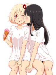 Rule 34 | 2girls, ;o, arm support, bare legs, black hair, blonde hair, blunt bangs, bob cut, breasts, closed eyes, closed mouth, food, food on face, hair ribbon, highres, holding, holding ice cream cone, ice cream, ice cream cone, inoue takina, kiss, long hair, looking at viewer, lycoris recoil, multiple girls, nishikigi chisato, one eye closed, parted lips, profile, red eyes, ribbon, shirt, short hair, short sleeves, sidelocks, simple background, sitting, small breasts, t-shirt, thighs, white background, white shirt, yuki yuxtuke, yuri