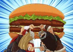 Rule 34 | 2boys, alternate muscle size, bara, beard, biceps, burger, character request, crossover, dungeon meshi, dwarf, emphasis lines, facial hair, fake horns, food, food focus, fusion dance, gabbvillamor, helmet, highres, horned helmet, horns, leaning to the side, light brown hair, long beard, male focus, multiple boys, muscular, muscular male, mustache, parody, senshi (dungeon meshi), sousou no frieren, species connection, thick mustache, very long beard