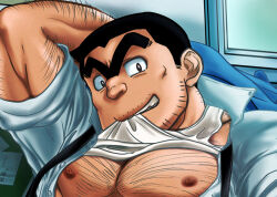 Rule 34 | 1boy, arm behind head, arm hair, bara, bare pectorals, black hair, cheekbones, chest hair, clothes in mouth, cropped, facial hair, from above, goatee stubble, hairy, hikoero (983197), huge eyebrows, kochikame, looking at viewer, male focus, mature male, mouth hold, muscular, muscular male, mustache stubble, pectorals, ryoutsu kankichi, seductive smile, shirt in mouth, short hair, sideburns, smile, stubble, tank top, thick arm hair, unibrow, upper body, white tank top, window