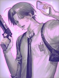 Rule 34 | 1boy, black eyes, black hair, black necktie, black pouch, charm (object), cigarette, collared shirt, cu4c2, fangs, gun, hands up, head tilt, highres, holding, holding gun, holding phone, holding weapon, leaning to the side, male focus, necktie, original, outline, parted bangs, phone, pink outline, pink theme, shirt, short hair, sideways glance, sleeves rolled up, smoke, smoking, solo, sticker on face, sticker on neck, teeth, thick outlines, upper body, weapon, white shirt