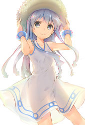 Rule 34 | 1girl, bare shoulders, blue eyes, blue hair, bracelet, dress, ds mairu, dsmile, flat chest, hat, holding, holding clothes, holding hat, ikamusume, jewelry, looking at viewer, matching hair/eyes, shinryaku! ikamusume, simple background, smile, solo, standing, straw hat, tentacle hair, tentacles