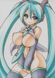 Rule 34 | 1girl, :3, aqua hair, black thighhighs, blush, breasts, covering privates, covering crotch, curvy, detached sleeves, female focus, hatsune miku, headset, large breasts, long hair, looking at viewer, marker (medium), millipen (medium), necktie, nipples, no panties, purple eyes, simple background, slit pupils, smile, solo, thighhighs, traditional media, twintails, very long hair, vocaloid, white background, yutakasan-love