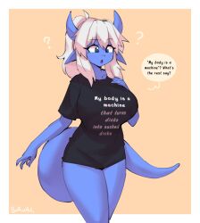 Rule 34 | 1girl, ?, ahoge, artist name, black shirt, blue eyes, blue skin, border, borvar, breasts, clothes writing, colored skin, commentary, cowboy shot, english commentary, english text, female focus, fuck-me shirt, highres, horns, large breasts, meme attire, monster girl, my body is a machine (meme), open mouth, orange background, original, pointy ears, ponytail, shirt, signature, simple background, solo, speech bubble, standing, t-shirt, tail, tareme, watermark, white border, white hair