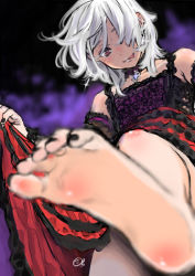 Rule 34 | 1girl, :p, barefoot, black nails, blurry, blush, character request, choker, copyright request, detached sleeves, dress, earrings, feet, female focus, foot focus, foreshortening, frilled dress, frills, from below, hair over one eye, jewelry, key (kagibangou), layered dress, licking lips, looking at viewer, looking down, nail polish, naughty face, red eyes, smile, soles, solo, standing, standing on one leg, toenail polish, toenails, toes, tongue, tongue out, white hair