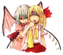 Rule 34 | 2girls, bat wings, blindfold, female focus, finger in another&#039;s mouth, flandre scarlet, grey hair, multiple girls, no headwear, pointy ears, red eyes, remilia scarlet, siblings, simple background, sisters, slit pupils, standing, takishima asaka, touhou, untied, wings, yuri