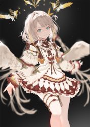 1girl, angel wings, ara haan, bangosu, bangs, black background, blurry, blurry background, closed mouth, commentary request, depth of field, dress, feathered wings, feet out of frame, green eyes, grey hair, highres, long hair, long sleeves, nijisanji, nijisanji kr, sleeves past wrists, smile, solo, thighhighs, twintails, very long hair, virtual youtuber, white dress, white legwear, white wings, wings