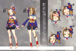 Rule 34 | 1girl, animal ears, bare shoulders, barefoot, blue choker, brown hair, cat ears, cat tail, character sheet, choker, detached sleeves, fangs, flower, from behind, full body, green eyes, hair flower, hair ornament, japanese clothes, multiple views, original, sacanahen, short eyebrows, short hair, shorts, standing, tail, virtual youtuber
