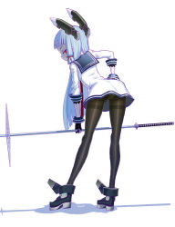 Rule 34 | 1girl, ass, black gloves, black pantyhose, blue hair, boots, closed mouth, commentary, dress, from behind, frown, full body, gloves, hair over shoulder, hayanye, headgear, kantai collection, leaning forward, leaning to the side, long hair, looking back, murakumo (kancolle), pantyhose, partially fingerless gloves, profile, red eyes, sailor dress, silhouette, solo, standing, thighband pantyhose, very long hair, white background, white dress, wrist cuffs