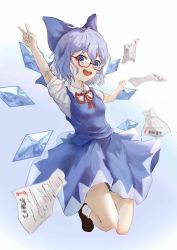 Rule 34 | :d, absurdres, adapted costume, arm up, bespectacled, blue background, blue bow, blue hair, blue skirt, blue vest, bow, brown footwear, chinese commentary, cirno, collared shirt, flying paper, full body, glasses, gradient background, hair between eyes, hair bow, happy, highres, jumping, neck ribbon, open mouth, outstretched arms, paper, red-framed eyewear, red ribbon, ribbon, sanana e, semi-rimless eyewear, shirt, shoes, short hair, short sleeves, skirt, smile, socks, solo, touhou, under-rim eyewear, v, vest, white shirt, white socks