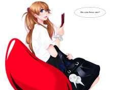 Rule 34 | 1girl, bag, blue eyes, bookbag, cellphone, chair, long hair, neon genesis evangelion, open mouth, phone, red hair, sitting, smile, solo, souryuu asuka langley, tsuka (blind side), twintails, two side up