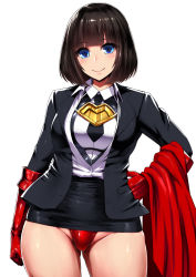 Rule 34 | 1girl, arm at side, black hair, black jacket, black necktie, black skirt, blue eyes, blunt bangs, blush, bob cut, breasts, cape, unworn cape, closed mouth, collared shirt, cowboy shot, dress shirt, elbow gloves, gloves, gluteal fold, groin, hand on own hip, highres, ishimiso (ishimura), jacket, leotard, leotard under clothes, long sleeves, looking at viewer, medium breasts, miniskirt, necktie, open clothes, open jacket, original, partially unbuttoned, pencil skirt, red cape, red gloves, shirt, short hair, simple background, skirt, smile, solo, superhero costume, white background, white shirt, wing collar