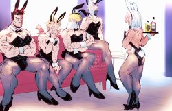 Rule 34 | 1girl, 4boys, alternate costume, animal ears, ass, best jeanist, black leotard, blonde hair, blue eyes, boku no hero academia, bulge, bunny day, couch, crossdressing, detached collar, edgeshot, endeavor (boku no hero academia), facial hair, fake animal ears, feathered wings, feathers, from behind, hair over one eye, hawks (boku no hero academia), high collar, large pectorals, leotard, long sideburns, male playboy bunny, mature male, mirko, multiple boys, muscular, muscular female, muscular male, mustache stubble, on couch, pantyhose, pectoral cleavage, pectorals, playboy bunny, rabbit ears, rabbit tail, red feathers, red hair, scar, scar across eye, scar on face, scar on mouth, short hair, sideburns, sitting, skin tight, spiked hair, spread legs, stubble, tail, thick eyebrows, thick thighs, thighs, toned, toned male, wing collar, wings, wrist cuffs, yamcat