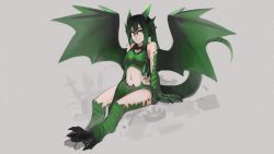 Rule 34 | 1girl, animal hands, bare shoulders, black hair, breasts, claws, cleavage, cleavage cutout, clothing cutout, commentary, dragon (monster girl encyclopedia), dragon girl, dragon wings, english commentary, fins, full body, fusion, glasses, gradient hair, green eyes, green hair, green tail, grey background, head fins, highres, horns, long hair, looking at viewer, midriff, monster girl, monster girl encyclopedia, monsterification, multicolored hair, navel, original, paintrfiend, rectangular eyewear, scales, simple background, sitting, smile, solo, tail, tharkis, twintails, wings