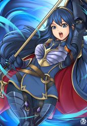 Rule 34 | 1girl, armor, blue hair, cape, fire emblem, fire emblem awakening, fire emblem heroes, holding, holding weapon, long hair, lucina (brave princess) (fire emblem), lucina (fire emblem), nintendo, polearm, revolverwing, shield, solo, spear, weapon, wide hips