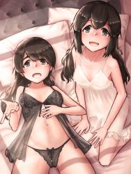 Rule 34 | 2girls, alternate hairstyle, babydoll, bed, black babydoll, black eyes, black hair, black panties, breasts, collarbone, commentary request, hair down, highres, isonami (kancolle), kantai collection, long hair, looking at viewer, lying, multiple girls, owada (kousonhuchi), panties, sitting, small breasts, smile, underwear, underwear only, uranami (kancolle), wariza, white babydoll