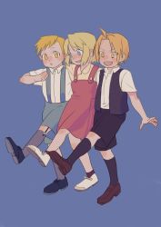 Rule 34 | 1girl, 2boys, :d, :o, absurdres, ahoge, alphonse elric, arm behind back, beige shirt, black legwear, black shorts, blonde hair, blue background, blue eyes, blue footwear, blush, blush stickers, brothers, chestnut mouth, clenched hand, collared shirt, dot nose, dress, dress shirt, edward elric, expressionless, eyes visible through hair, facing viewer, formal, fullmetal alchemist, green shorts, grey legwear, highres, knee blush, leg up, lineup, loafers, looking afar, looking away, looking to the side, multiple boys, open mouth, pink dress, shirt, shoe soles, shoes, short hair, short sleeves, shorts, siblings, simple background, sleeveless, sleeveless dress, smile, snsp60479502, legwear garter, socks, standing, standing on one leg, suspender shorts, suspenders, teeth, upper teeth only, v-shaped eyebrows, white footwear, white shirt, wide-eyed, winry rockbell, yellow eyes, aged down