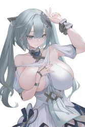 Rule 34 | 1girl, aqua eyes, aqua hair, arm up, bare shoulders, bracelet, breasts, closed mouth, collarbone, commentary, covering privates, covering one breast, deep skin, dress, faruzan (genshin impact), genshin impact, hair between eyes, hair ornament, highres, jewelry, kaneko (bblogtinhan), large breasts, long hair, looking at viewer, one breast out, parted bangs, simple background, skindentation, solo, twintails, very long hair, white background, white dress, x hair ornament