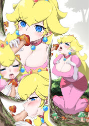 Rule 34 | 1girl, absurdres, blonde hair, blue eyes, breasts, cleavage, commentary request, covered erect nipples, covered navel, crown, dress, earrings, elbow gloves, fellatio, foliage, forest, full body, gloves, highres, jewelry, kneeling, knees together feet apart, large breasts, licking, long hair, mario (series), mini crown, multiple views, mushroom, nanahone, nature, nintendo, open mouth, oral, outdoors, pendant choker, phallic symbol, pink dress, princess peach, puffy short sleeves, puffy sleeves, saliva, sexually suggestive, short sleeves, simulated fellatio, tongue, tongue out, tree, very long hair, white gloves