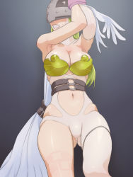 Rule 34 | 1girl, angel wings, angewomon, armpits, bdsm, belt, blonde hair, bondage, bound, bound wings, bound wrists, breasts, clenched teeth, covered eyes, cowboy shot, digimon, digimon (creature), elbow gloves, female focus, gloves, grey background, hands up, helmet, highres, large breasts, long hair, muramura hito, navel, o-ring, o-ring belt, rope marks, single glove, single leg pantyhose, skindentation, solo, sweat, teeth, thigh strap, white wings, wings