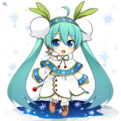 Rule 34 | 1girl, :d, ahoge, blue eyes, blue hair, blush, boots, brown footwear, capelet, chibi, dress, full body, fur-trimmed boots, fur collar, fur trim, hair between eyes, hair ornament, hairband, hatsune miku, headset, highres, knee boots, leaf hair ornament, long hair, long sleeves, looking at viewer, md5 mismatch, open mouth, resolution mismatch, signature, sleeves past wrists, smile, snowflake print, solo, source smaller, standing, sudachi (calendar), tareme, twintails, very long hair, vocaloid, white dress, wide sleeves, yuki miku