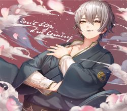 Rule 34 | 1boy, black kimono, brown eyes, brown sky, cherry blossoms, cloud, cloudy sky, commentary request, dutch angle, english text, falling petals, fingernails, from below, grey hair, grin, hair between eyes, head tilt, japanese clothes, kimono, long sleeves, looking at viewer, looking down, male focus, motion blur, obi, original, petals, ryota (ry o ta), sash, shirt, sky, smile, solo, standing, upper body, white shirt