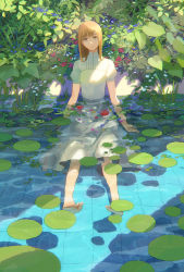 Rule 34 | 1girl, barefoot, blonde hair, dress, highres, hiko (scape), leaf, lily pad, looking at viewer, original, partially submerged, sitting, water, white dress