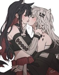 Rule 34 | 2girls, animal ear fluff, animal ears, arknights, bare shoulders, bite mark, black hair, black jacket, black nails, blush, breasts, closed eyes, french kiss, grey hair, hair between eyes, hair ornament, highres, jacket, jewelry, kiss, lappland (arknights), long hair, long sleeves, material growth, medium breasts, multicolored hair, multicolored tail, multiple girls, nail polish, off shoulder, official alternate costume, open mouth, oripathy lesion (arknights), red hair, scar, scar across eye, scar on face, seri (vyrlw), simple background, sweat, sweatdrop, tail, texas (arknights), tongue, tongue out, upper body, white background, wolf ears, wolf girl, wolf tail, yuri