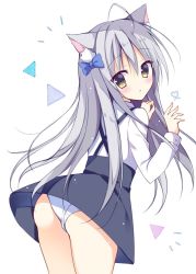 Rule 34 | 1girl, animal ear fluff, animal ears, bad id, bad twitter id, bow, cat ears, commentary request, hair bow, izuminanase, long hair, long sleeves, looking at viewer, looking back, original, panties, pantyshot, parted lips, shirt, silver hair, simple background, skirt, solo, standing, underwear, white background, white panties, white shirt, yellow eyes