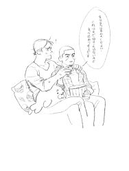 Rule 34 | !, 2boys, arm around shoulder, character print, chengongzi123, closed mouth, couple, crossed legs, facial hair, feet out of frame, food, goatee stubble, golden kamuy, hand up, highres, holding, invisible chair, koito otonoshin, lineart, looking at another, male focus, multiple boys, open mouth, pillow, plaid, popcorn, short hair, simple background, sitting, speech bubble, stubble, stuffed animal, stuffed seal, stuffed toy, sweat, translation request, tsukishima hajime, tsurumi tokushirou, very short hair, white background, yaoi